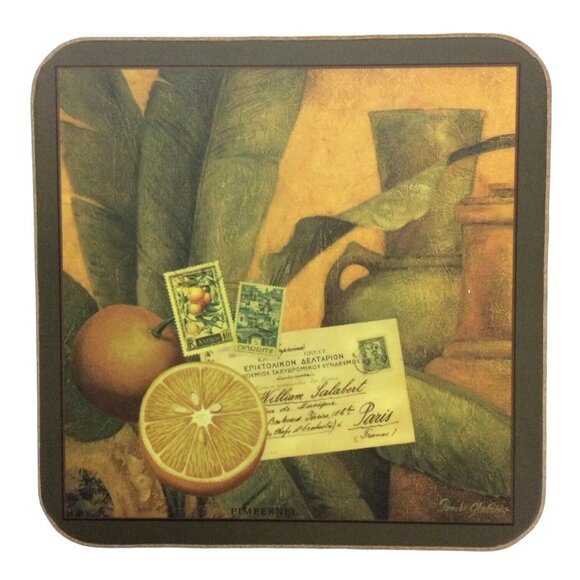 Pimpernel Set Of 4 Coasters Cork Backing Tangerines Stamps Postcard Design - Picture 3 of 3